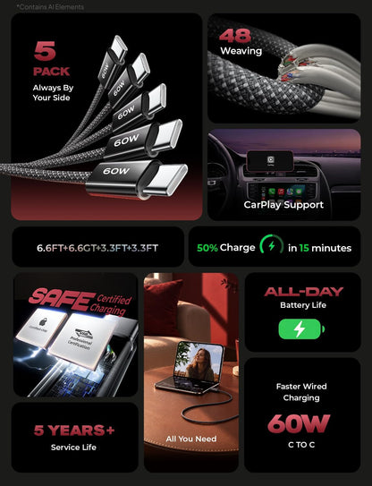 LISEN USB-C to USB-C Cable, 5-Pack