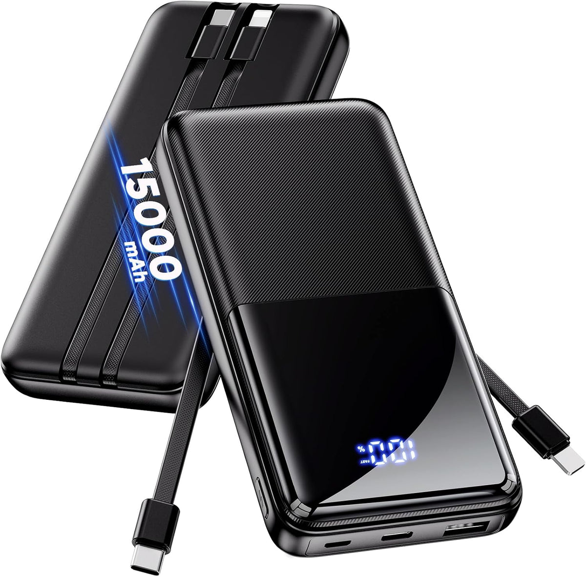 CFIAI 15,000mAh Power Bank with Built-In Cables