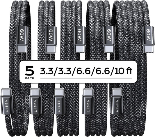 LISEN USB-C to USB-C Cable, 5-Pack